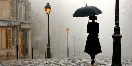 A Solitary Walk on a Foggy Parisian Street Capturing the Essence of Vintage Charm and Mysteryの素材