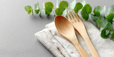 Elegant Bamboo Utensils with Eucalyptus Accents on a Rustic Gray Background in Minimalist Styleの素材