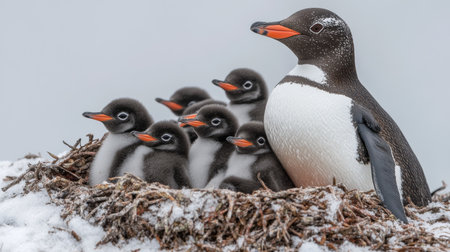Gentoo Penguin Parent With Its Adorable Chicks Nestled Together In The Icy Landscape Of Antarcticaの素材