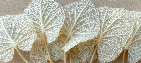 Delicate and Elegant Display of Translucent White Leaf Structures on a Soft Muted Beige Backgroundの素材