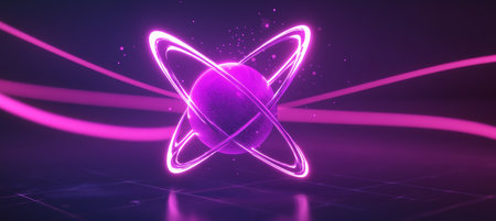 Vibrant Abstract Illustration of Atomic Energy and Molecular Structures with Dynamic Orbital Trailsの素材