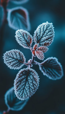 Delicate Frost Adorns Winter Leaves, Creating a Magical Seasonal Scene in Nature s Embrace and Peaceの素材