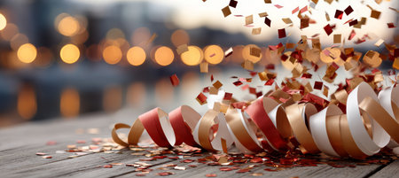 Colorful Atmosphere with Celebration Party Decorations, Confetti, and Bokeh Lights Backgroundの素材