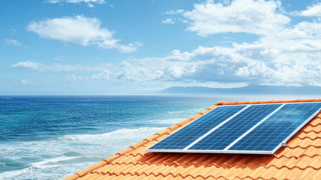 Breathtaking Rooftop Solar Panel Installation Overlooking Azure Ocean Vista and Scenic Seaside Viewsの素材