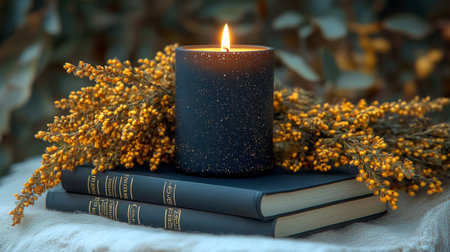 Charming Still Life with Dark Candle Surrounded by Vibrant Yellow Flowers on Stacked Booksの素材