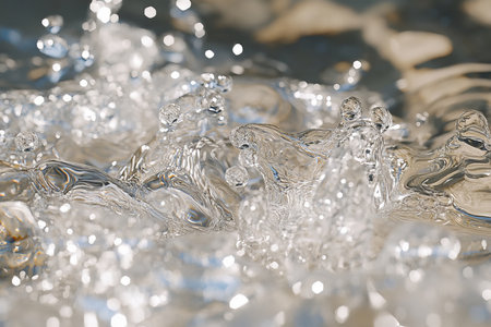 Serene Glacial Streams Flowing Through Majestic Ice Formations and Reflecting the Bright Blue Skyの素材