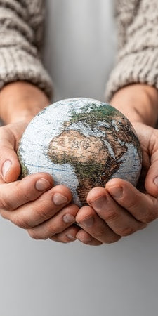 Hands Gently Cradling a Small Earth Globe, Symbolizing Care and Unity for Our Planet Earthの素材