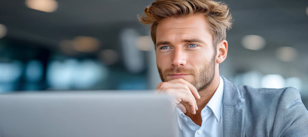 Businessman with light hair engaged in online education for career growth and skill enhancement.の素材