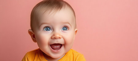 Happy Baby with Bright Blue Eyes Smiling and Laughing Joyfully on a Soft Pink Background Full HDの素材