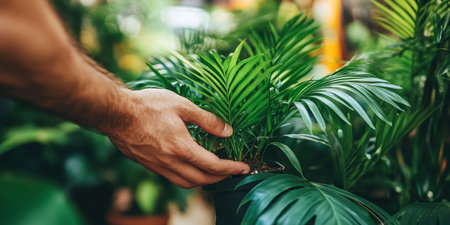 Attentive Gardener Examining a Healthy Houseplant for Optimal Care and Indoor Aestheticsの素材