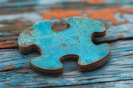 Textured Cyan Large Puzzle Tile on Single Piece Isolated Against Wood Board Background for Artの素材