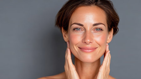 Radiant Middle Aged Woman Embracing Ageless Beauty with Youthful, Smooth Skin in Natural Lightの素材