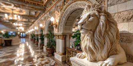 Majestic Marble Lion Guardian Statue in an Elegant Grand Hallway with Classical Architectural Designの素材