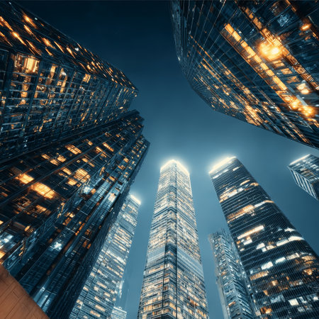 Breathtaking Skyline at Dusk A Stunning Urban Landscape with Gleaming Towers and Vibrant Lightsの素材