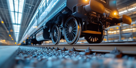 Close Up Of Train Wheels In Motion On Shiny Railroad Tracks At A Contemporary Station, Travel Sceneの素材