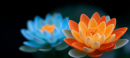 Pastel Harmony A Symphony of Blue and Orange Lotus Blooms Amidst Tranquil Waters and Gentle Lightの素材