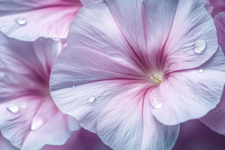 Serene and Dreamy Close Up of Lavender and Pink Morning Glory Flowers with Dew Sparkles at Dawnの素材