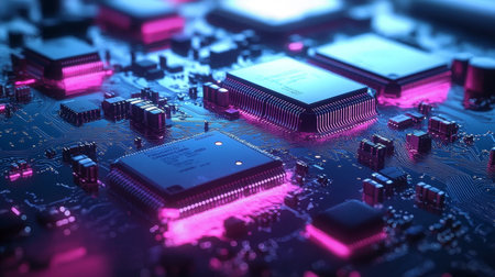 Illuminated printed circuit board featuring intricate microchips and various electronic components.の素材