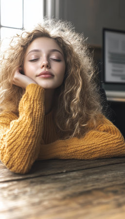 Young woman with closed eyes dreaming while relaxing at a modern desk in a serene setting.の素材