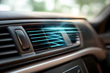 Car Air Conditioning Blowing Cool Air on Dashboard for Comfortable Summer Driving Experienceの素材