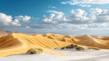 Golden Sand Dunes at Sunset, Bathed in Warm Light, with Vibrant Skies and Fluffy Clouds Aboveの素材