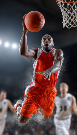 Dynamic athletic basketball player soaring through the air for a powerful slam dunk in game actionの素材