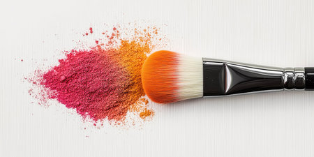 Closeup of a Beautiful Cosmetic Brush Applying Colorful Blush Hues for a Radiant Fashion Lookの素材