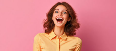 Surprised and Amazed Young Woman with a Wow Expression Posing Against a Bright Pink Backgroundの素材