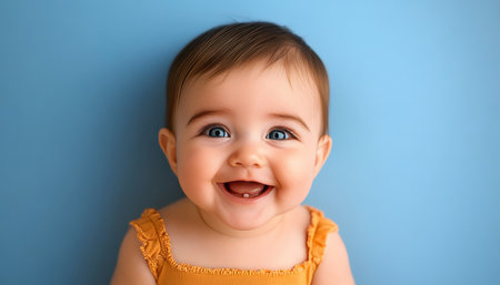 Captivating Portrait of a Happy Baby with Bright Blue Eyes Against a Stunning Azure Backgroundの素材