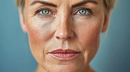 Closeup portrait of a mature woman with light skin, showcasing natural beauty and aging gracefully.の素材