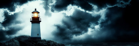 Lighthouse Beacon Shines Brightly Through Dark, Stormy Clouds, Guiding Ships Safely at Seaの素材