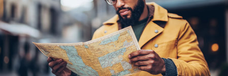 Man Reading a Detailed USA Map for Vacation Travel, Exploring Urban Towns and Routes for Adventureの素材