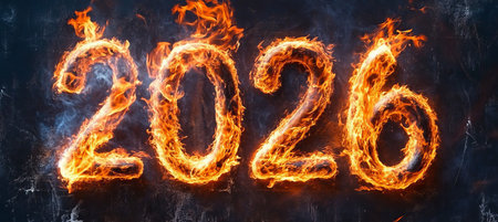 Stunning Fiery Countdown Displaying the Year 2026 in a Dynamic and Eye-Catching Stock Image Designの素材