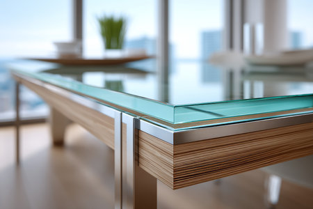 Elegant Modern Living Room Featuring Sleek Glass Table Top, Premium Wood Accents, and Chic Designの素材