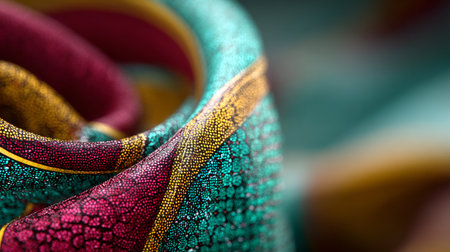 Close-up of a Colorful Textured Fabric Pattern Featuring African and Geometric Designs in Detailの素材