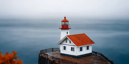 Majestic Coastal Lighthouse Standing Tall on Rocky Cliff Overlooking the Stormy Sea at Duskの素材