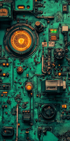Futuristic Cybernetic Interface Panels with Illuminated Elements and Intricate Componentsの素材