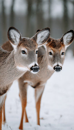 Two Beautiful White Tailed Deer Grazing Peacefully in a Snow Covered Wilderness Landscape Sceneの素材