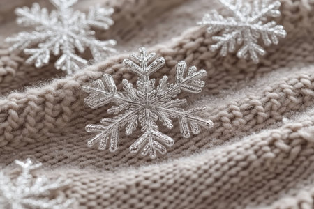 Winter Warmth and Textured Comforts Sparkling Snowy Snowflake Elegance on a Soft Knitted Scarfの素材