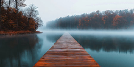 Autumn Serenity at the Lake A Peaceful Wooden Pier Extending into Misty Horizons, Nature s Beautyの素材