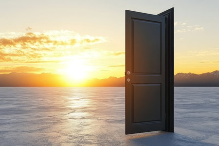 Opportunity Awaits A Vibrant Open Doorway Leading to a Bright Horizon of Success and Growth Aheadの素材