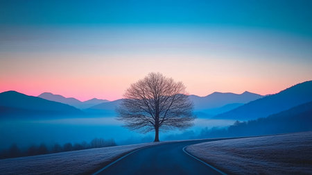 Serene Sunset Over Rolling Hills with a Solitary Tree Silhouette Against the Colorful Evening Skyの素材