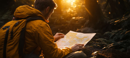 Adventurous Wanderer Deliberating Route From Illustrated Topography During Outdoor Hiking Adventureの素材
