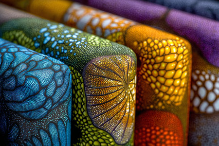 Vibrant African Textile Pattern Featuring Intricate Floral and Animal Motifs in Rich Colorsの素材