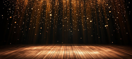 Golden Glow and Shimmering Lights Create an Elegant Beauty Scene on the Wooden Stage Floorの素材