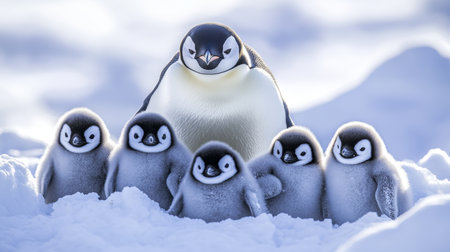 Huddling Chicks in Frozen Antarctic Wilderness with Adorable Baby Penguins Seeking Warmth Togetherの素材