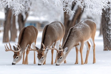 Three Whitetailed Deer Bucks Foraging Beneath Frosty Trees on a Snowy Winter Day in Search of Foodの素材