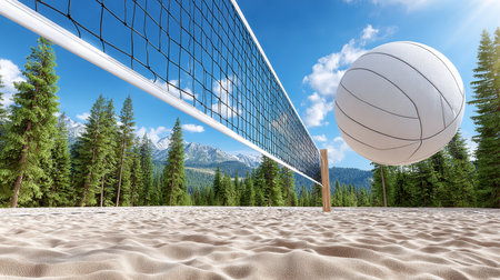 Exciting Beach Volleyball Action with Majestic Mountains in the Background for Sports Enthusiastsの素材
