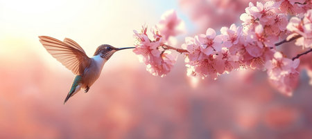 Magnificent hummingbird gracefully feeding on sweet nectar from vibrant plum blossoms in springtimeの素材