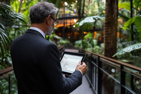 Executive using tablet outdoors in a beautiful setting, researching a sustainable business project.の素材
